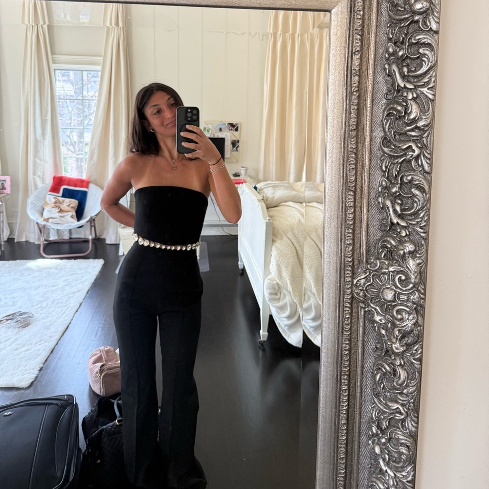 Strapless Black Jumpsuit with Crystal Waist Detail